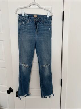 MOTHER Straight Leg Distressed Jeans - Blue